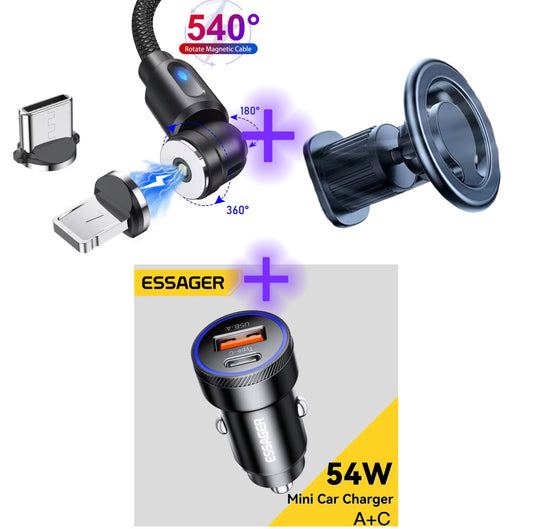 Pachet auto complet: Cablu magnetic rotativ + Suport auto + Încărcător auto