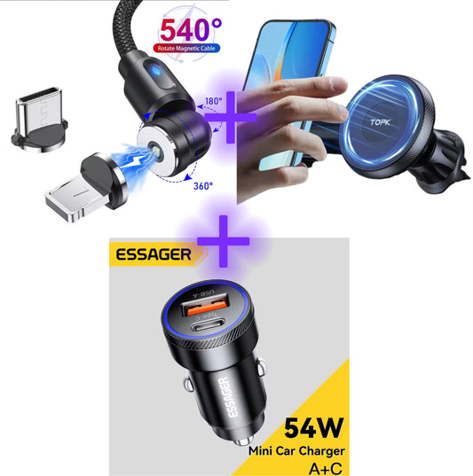 Pachet auto complet: Cablu magnetic rotativ + Suport auto + Încărcător auto