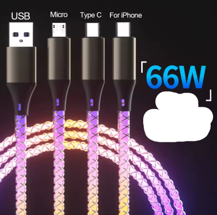 Cablu de Încărcare 3 în 1 66W cu LED RGB